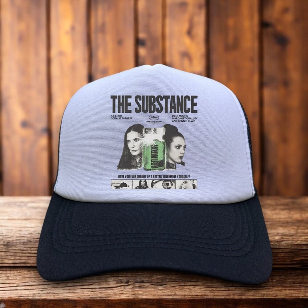 The Substance Mens Trucker Hat Black Body Horror Demi Moore Dennis Quaid Cap